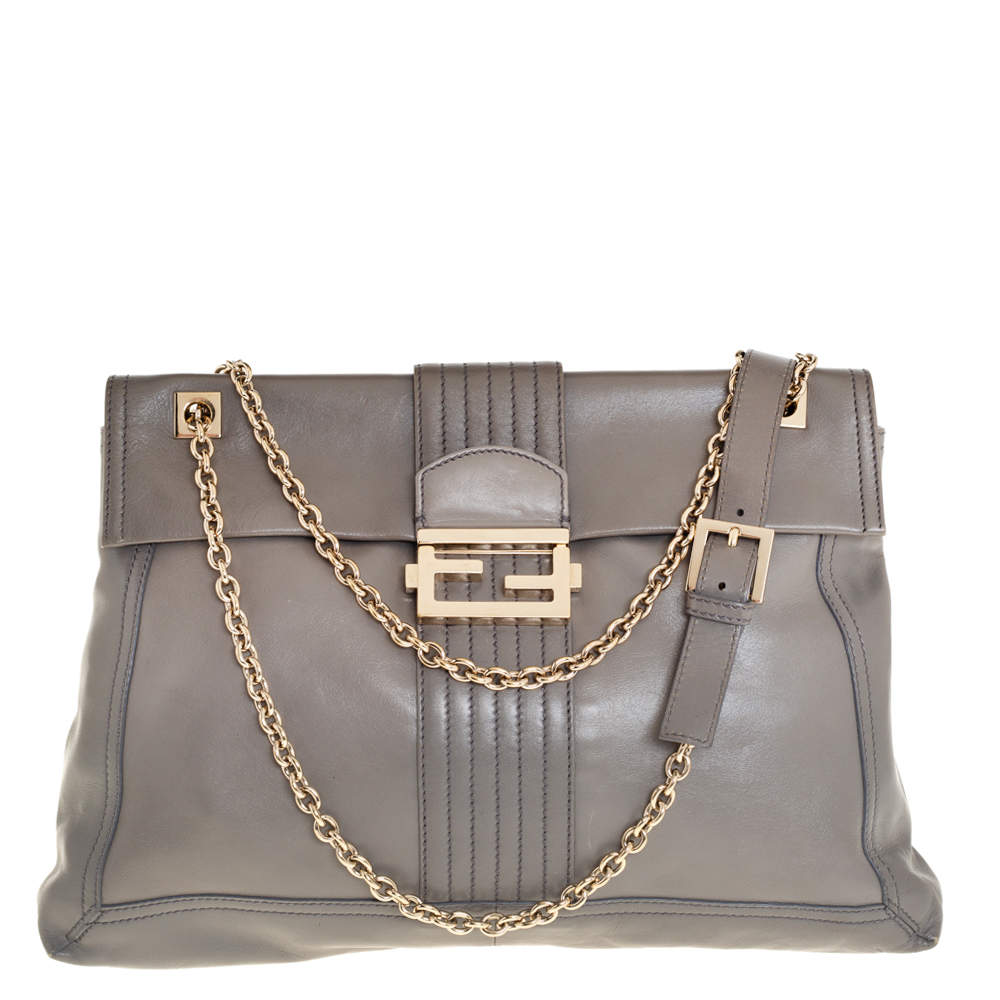 Pre Owned Fendi Grey Leather Maxi Baguette Flap Shoulder Bag