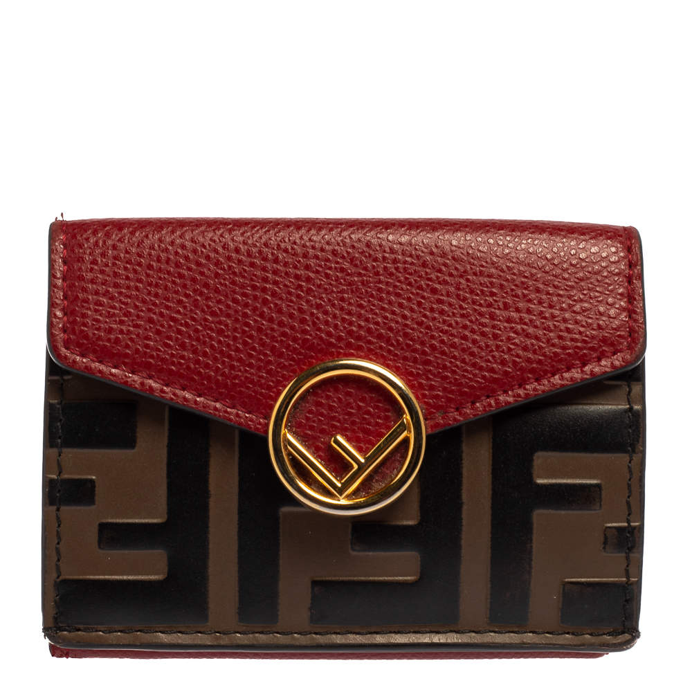 Fendi Red/Brown Zucca Leather F is Fendi Trifold Wallet