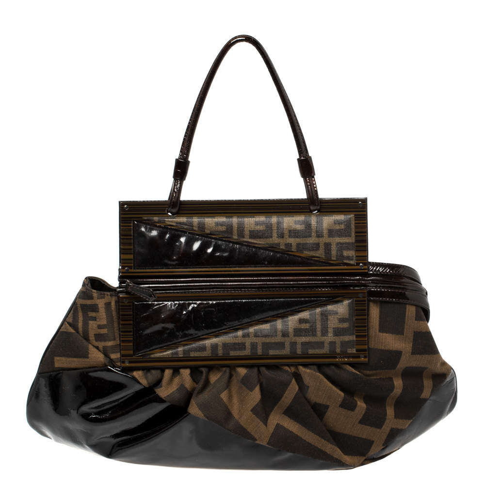 Pre Owned Fendi Tobacco Zucca Canvas and Patent Leather To You Convertible Clutch Bag