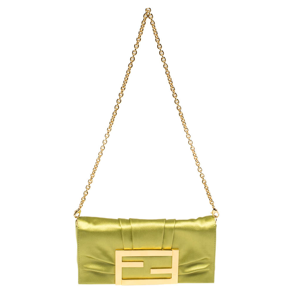 Pre Owned Fendi Green Apple Satin Mia Pochette Bag 