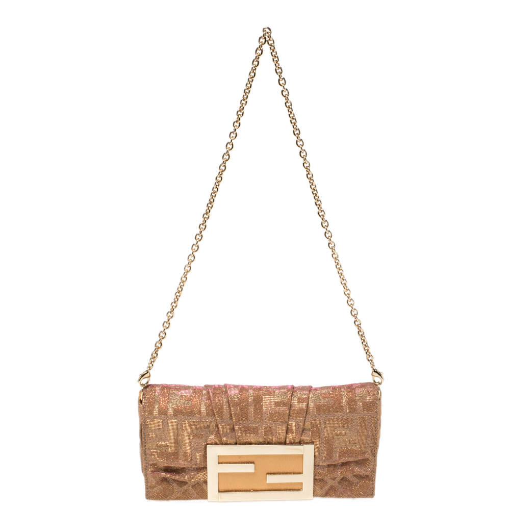 Pre Owned Fendi Gold/Pink Iridescent Lurex Fabric Mia Pochette Bag