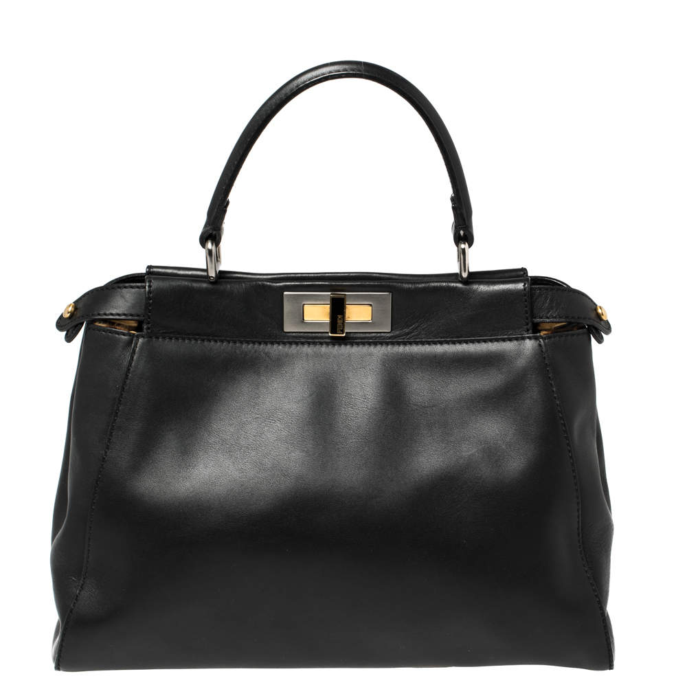 مملوكة مسبقًا Fendi Black Leather and Calf Hair Lining Medium Peekaboo Top Handle Bag