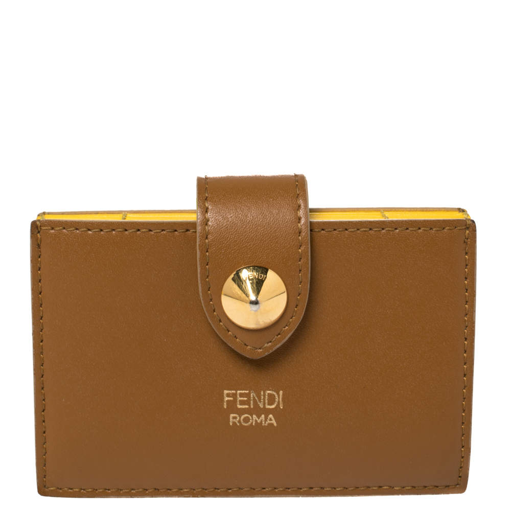 Fendi Brown Leather Single Stud Multiple Card Holder