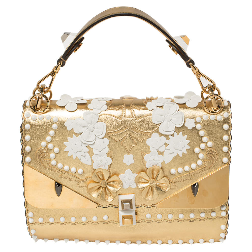 Pre Owned Fendi Gold Leather Floral Studded Kan I Shoulder Bag