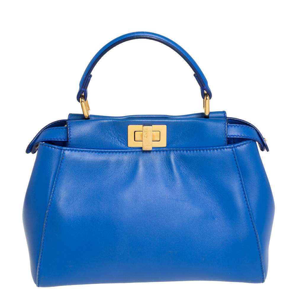 Pre Owned Fendi Blue Leather Mini Peekaboo Top Handle Bag