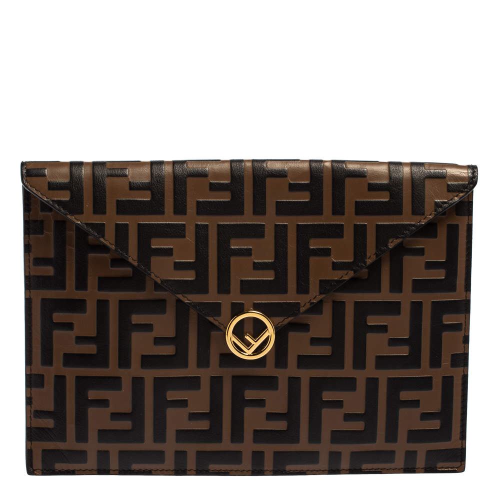 Pre Owned Fendi Brown Zucca Leather F Maya Envelope Pouch 