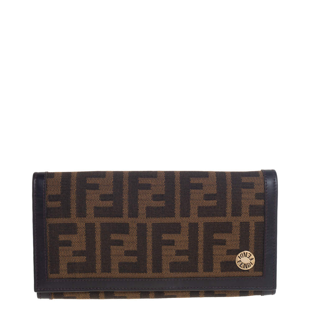 Pre Owned Fendi Tobacco Zucca Canvas and Leather Flap Continental Wallet