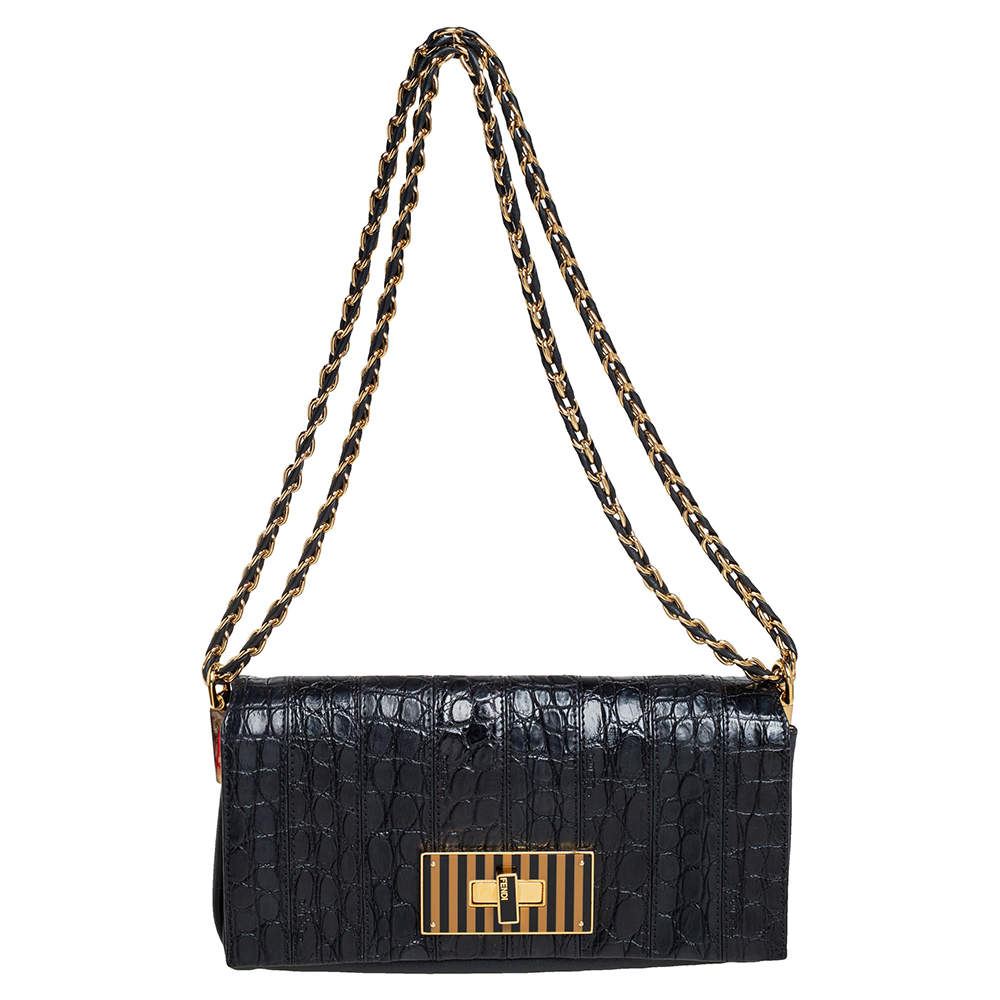 مملوكة مسبقًا Fendi Black Croc Embossed Leather and Leather Claudia Shoulder Bag