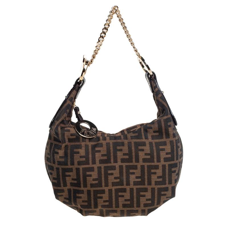 Pre Owned Fendi Tobacco Zucca Canvas and Leather Chef Chain Hobo