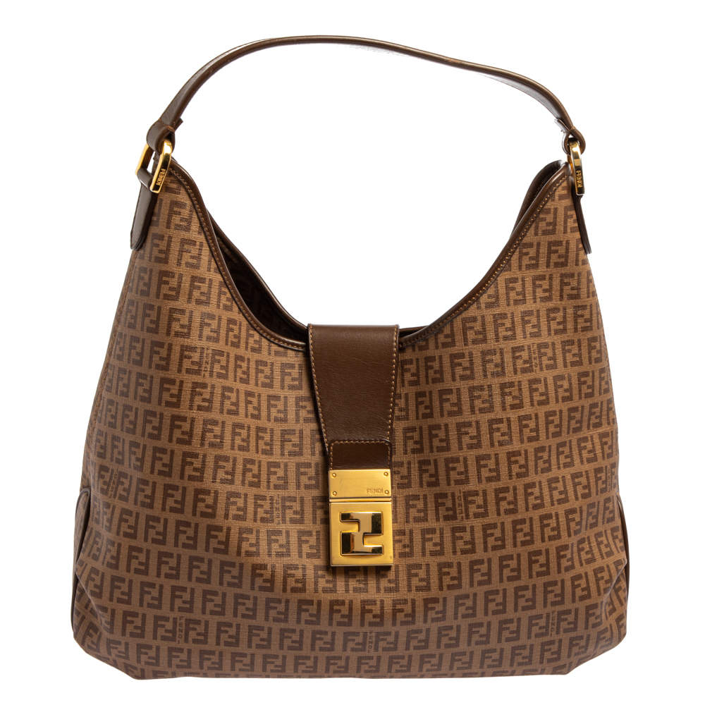 Pre Owned Fendi Brown Zucchino Coated Canvas and Leather Hobo