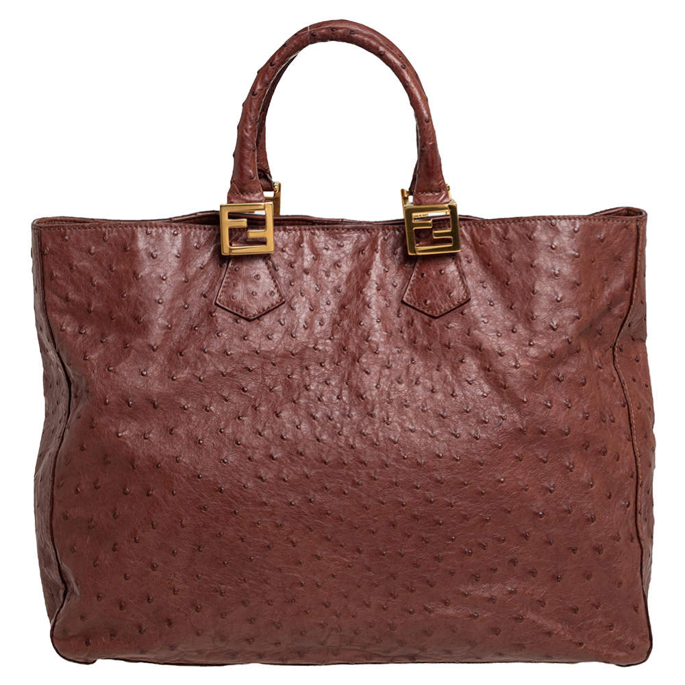 Pre Owned Fendi Dark Brown Ostrich Twins Shopper Tote