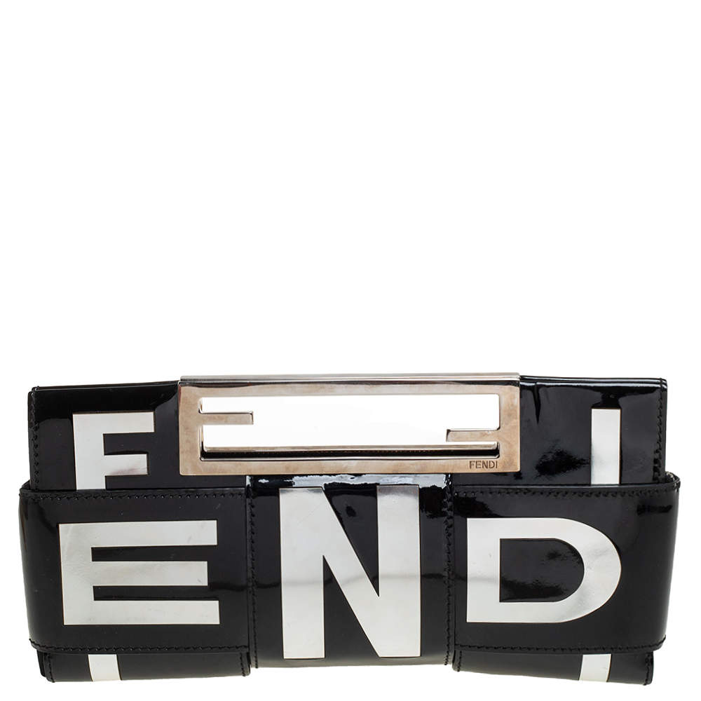Pre Owned Fendi Silver/Black Patent Leather Crossword Clutch