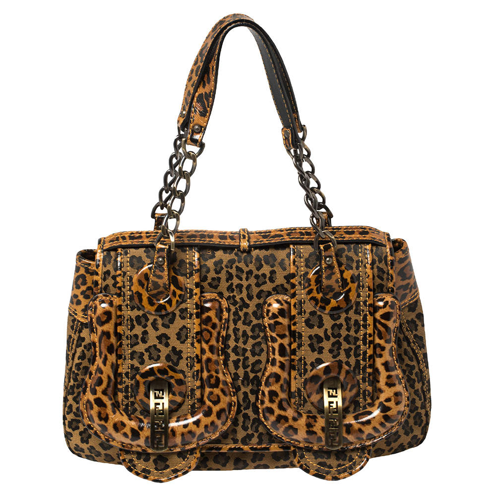 Fendi Brown/Black Leopard Print Fabric and Leather B Shoulder Bag