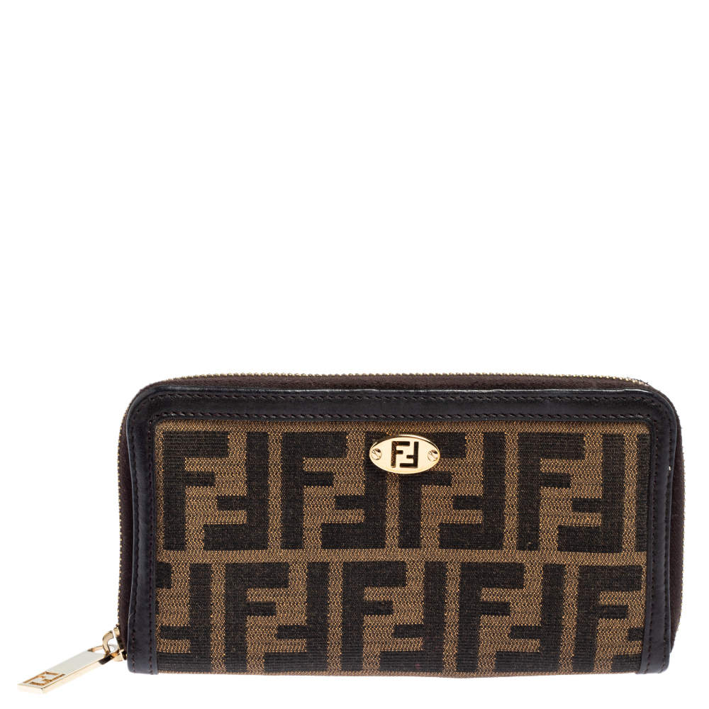 Pre Owned Fendi Tobacco Zucca Canvas and Leather Zip Around Wallet