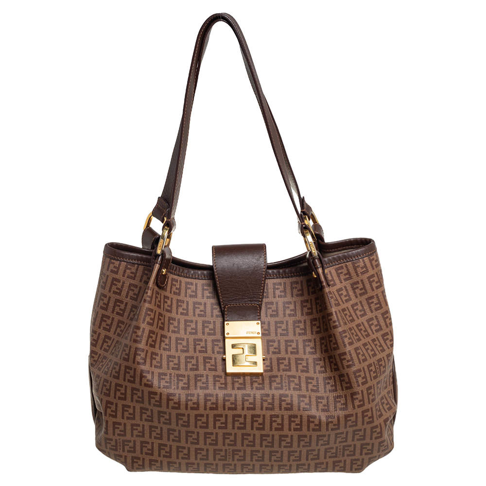 Pre Owned Fendi Brown Zucchino Coated Canvas and Leather Chiusura Tote