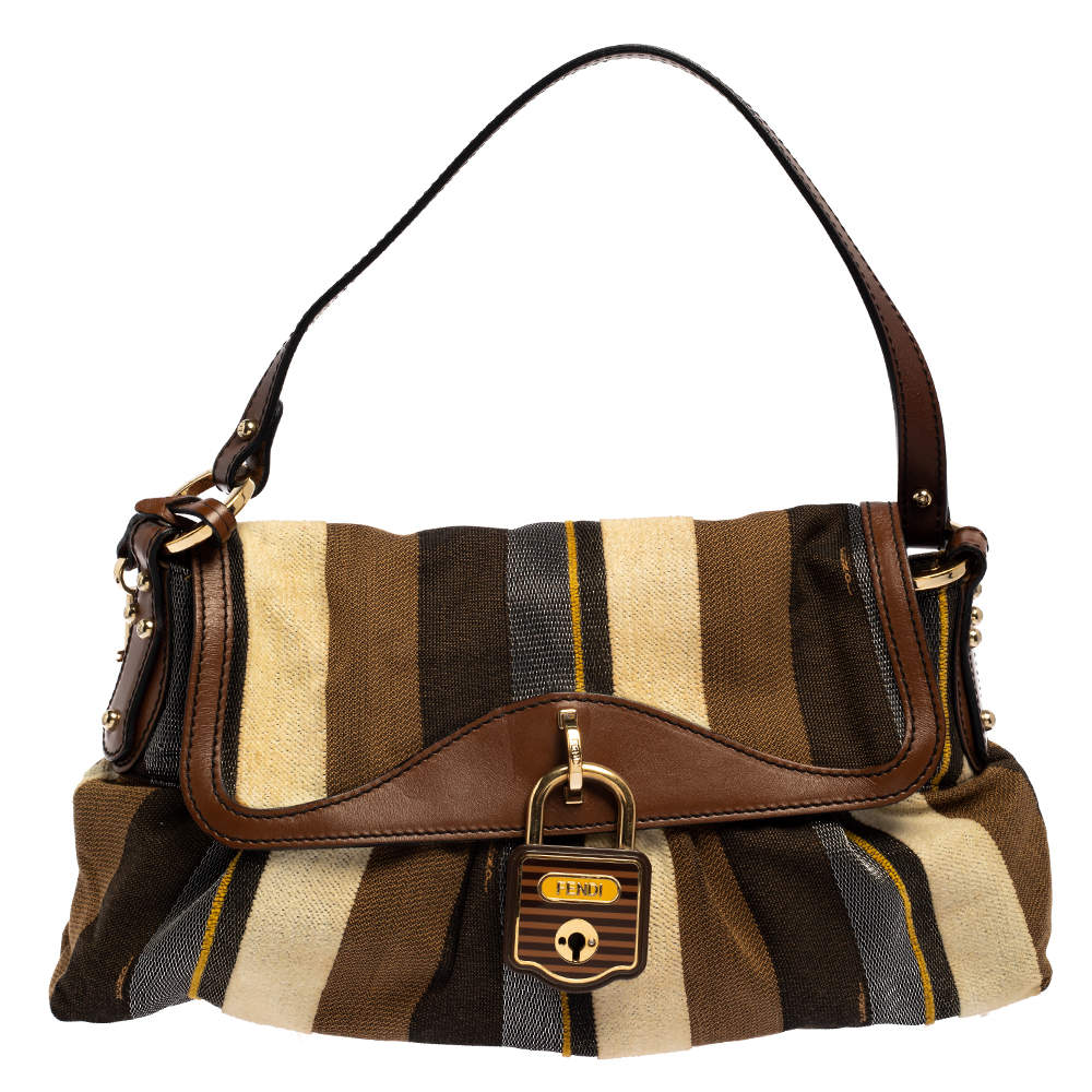 Pre Owned Fendi Multicolor Striped Fabric and Leather Limited Edition Chef Flap Bag 