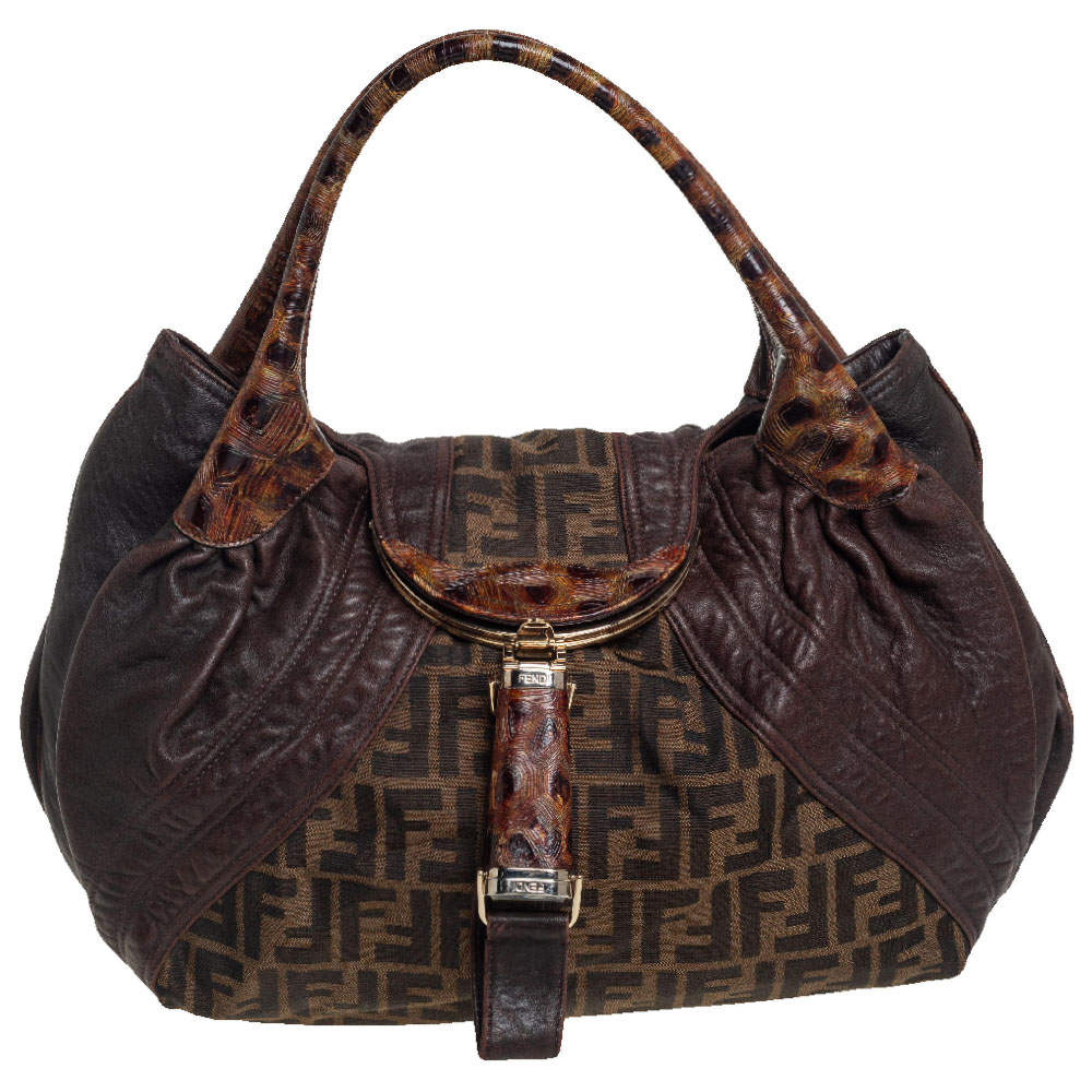 Pre Owned Fendi Tobacco Zucca Canvas and Tortuga Leather Spy Hobo