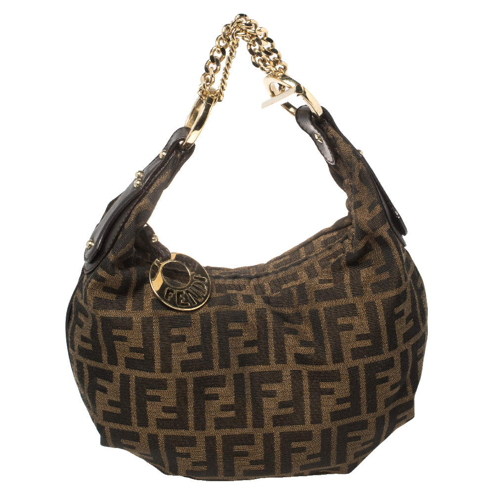 Pre Owned Fendi Tobacco Zucca Canvas and Leather Chef Chain Link Hobo