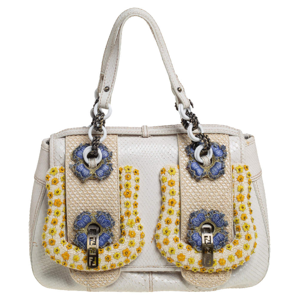 Pre Owned Fendi White Python Beads Embellished B Shoulder Bag