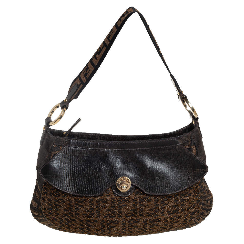 Pre Owned Fendi Tobacco Zucca Canvas and Leather Mille Feuille Hobo