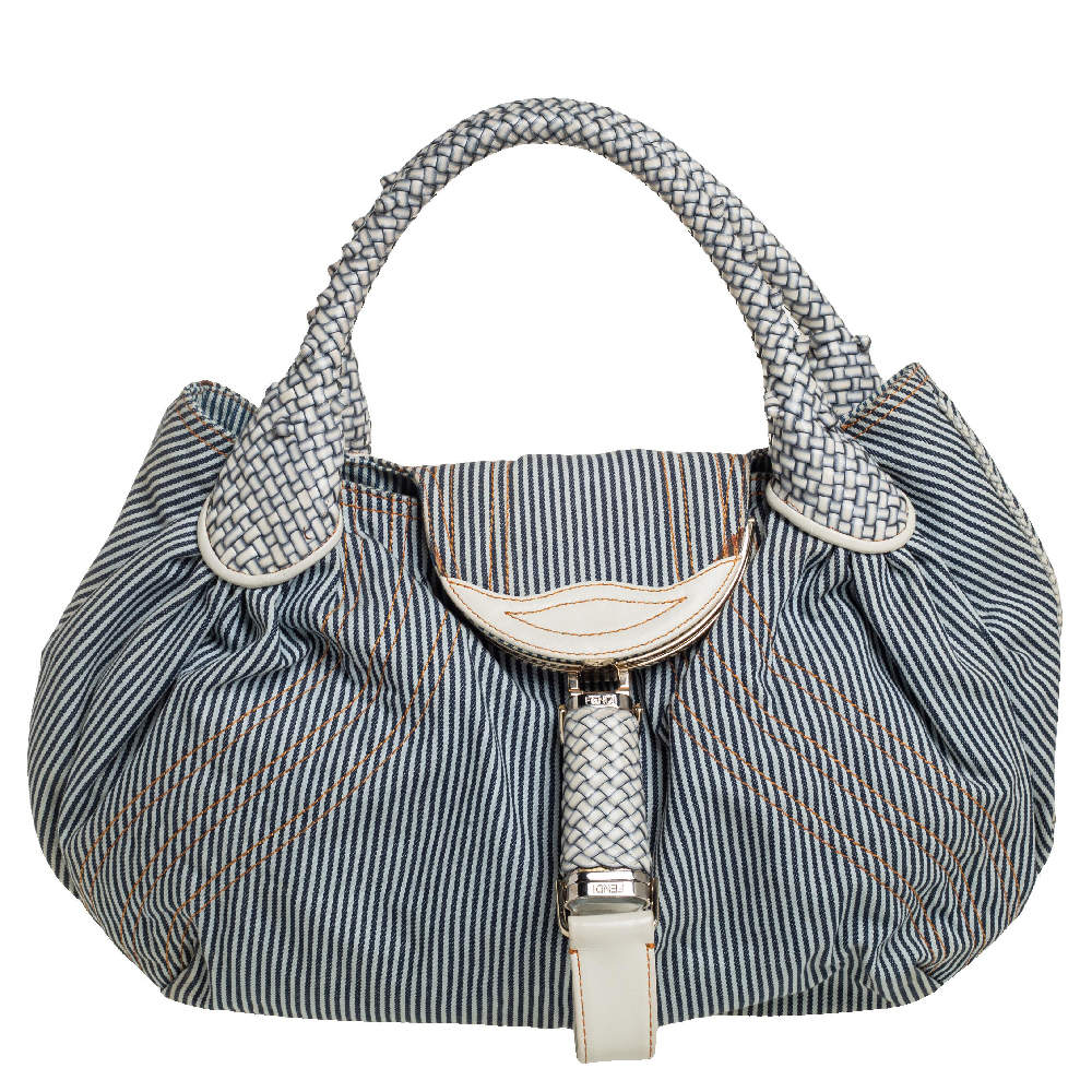 Pre Owned Fendi Blue/White Striped Fabric and Leather Trim Spy Tote