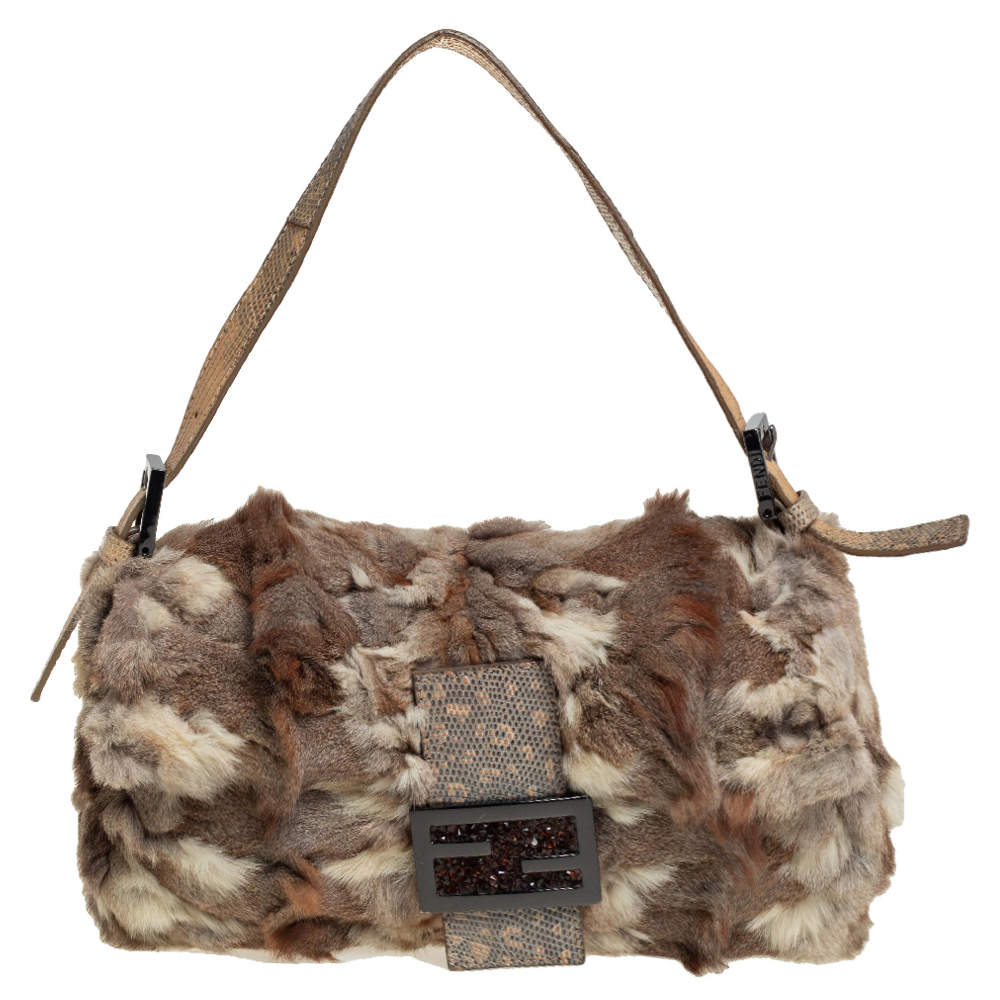 Pre Owned Fendi Brown/Beige Fur and Lizard Trim Baguette Bag