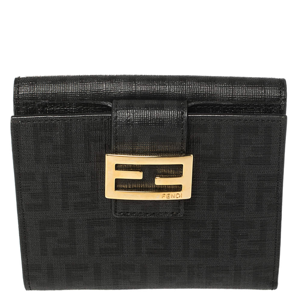 Pre Owned Fendi Black Zucchino Coated Canvas Compact Wallet