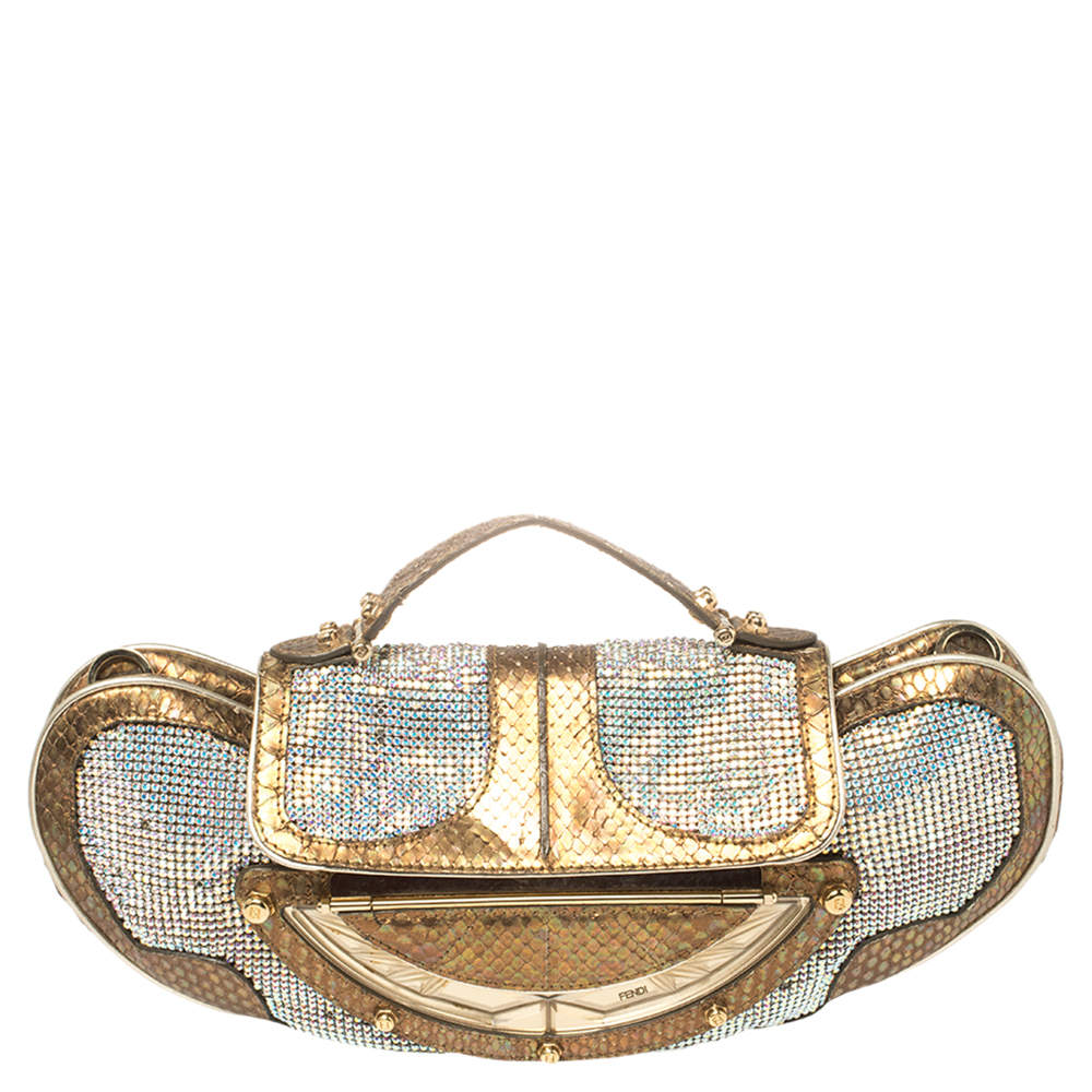 Pre Owned حقيبة فندي يد علوية مزخرفة كريستال جلد ثعبان ذهبي ميتالك