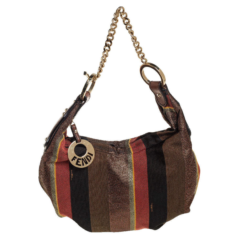 Pre Owned Fendi Multicolor Pequin Canvas Chef Chain Hobo