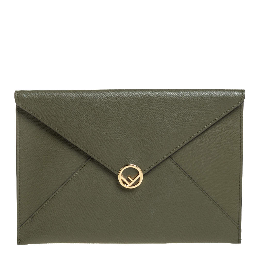 Pre Owned Fendi Green Leather Envelope Pouch