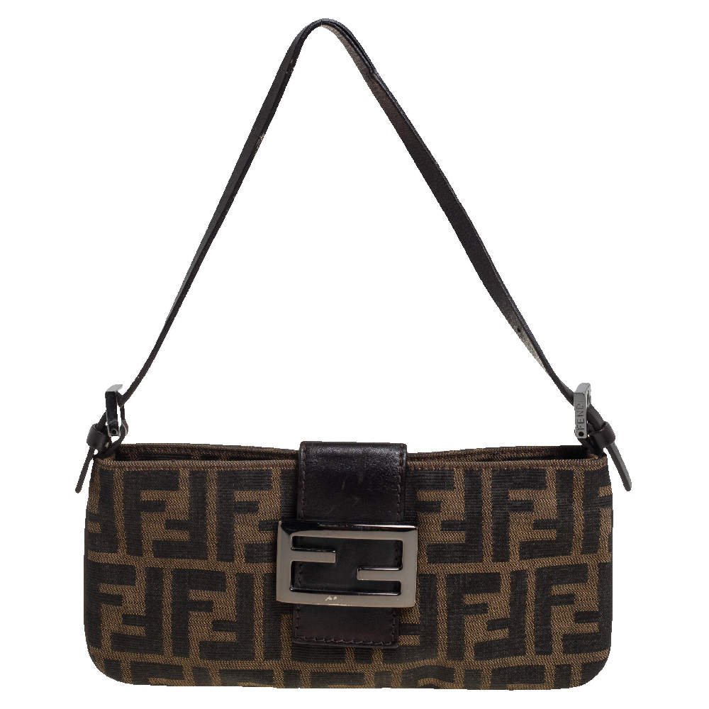 Pre Owned Fendi Tobacco Zucca Canvas and Leather Trim Baguette Pochette  