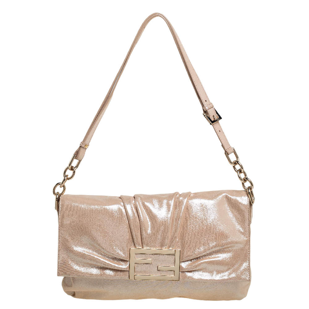 Fendi Peach Shimmer Leather Mia Flap Shoulder Bag