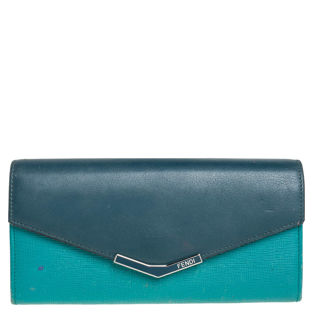Pre Owned Fendi Two Tone Green Leather 2Jours Continental Wallet