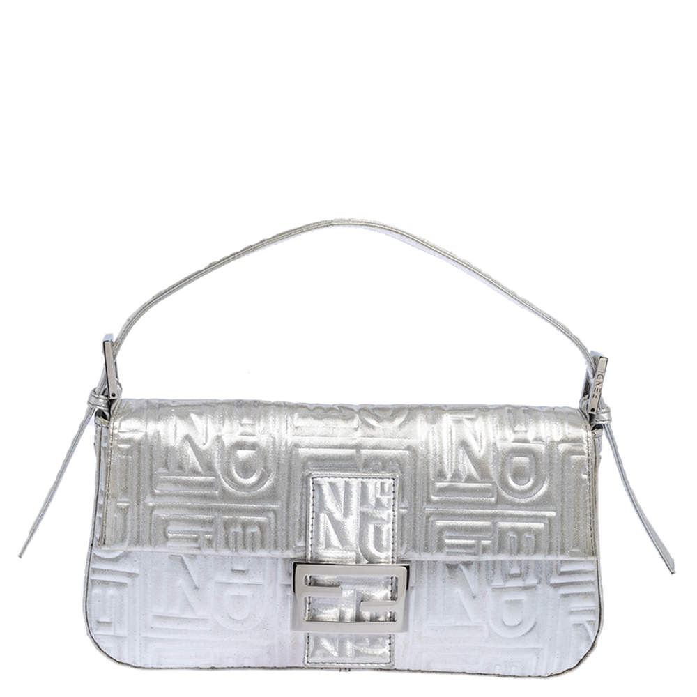 Fendi Silver Logo Embossed Fabric Baguette