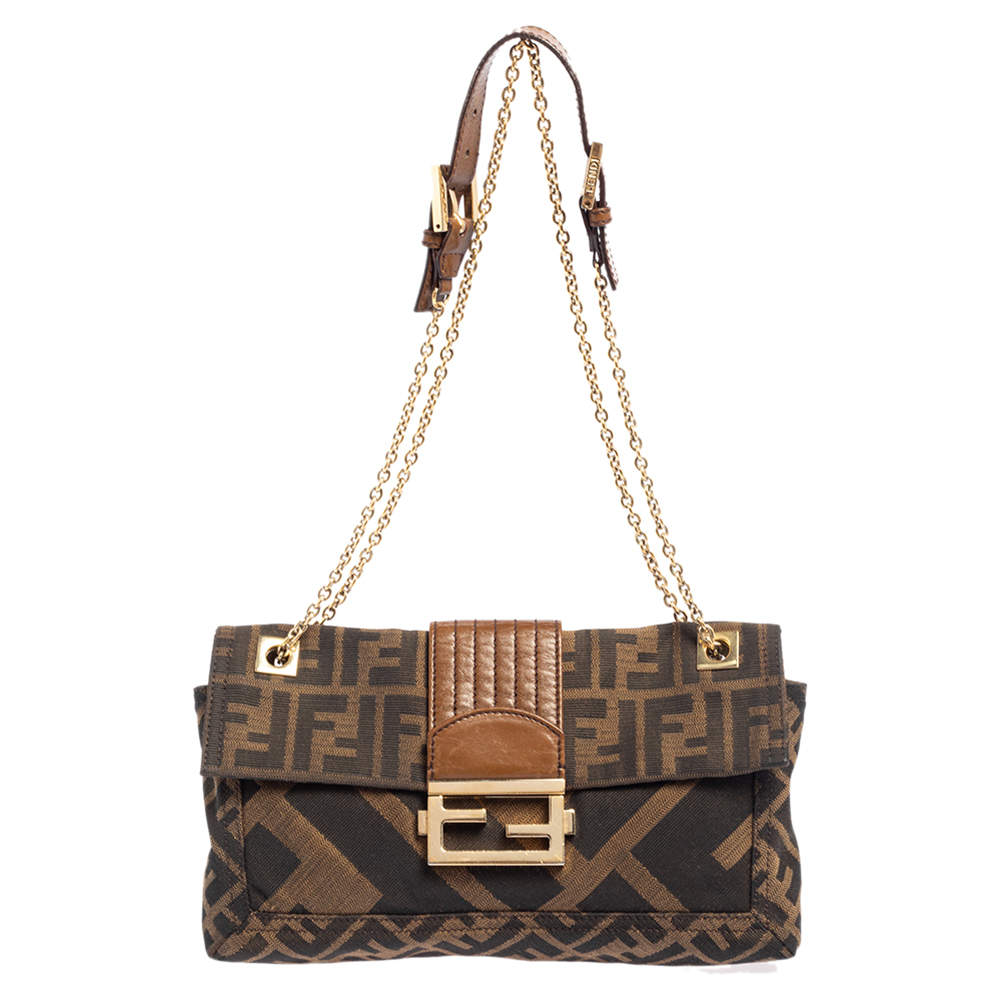 Fendi Brown Zucca Canvas and Leather Chain Shoulder Bag