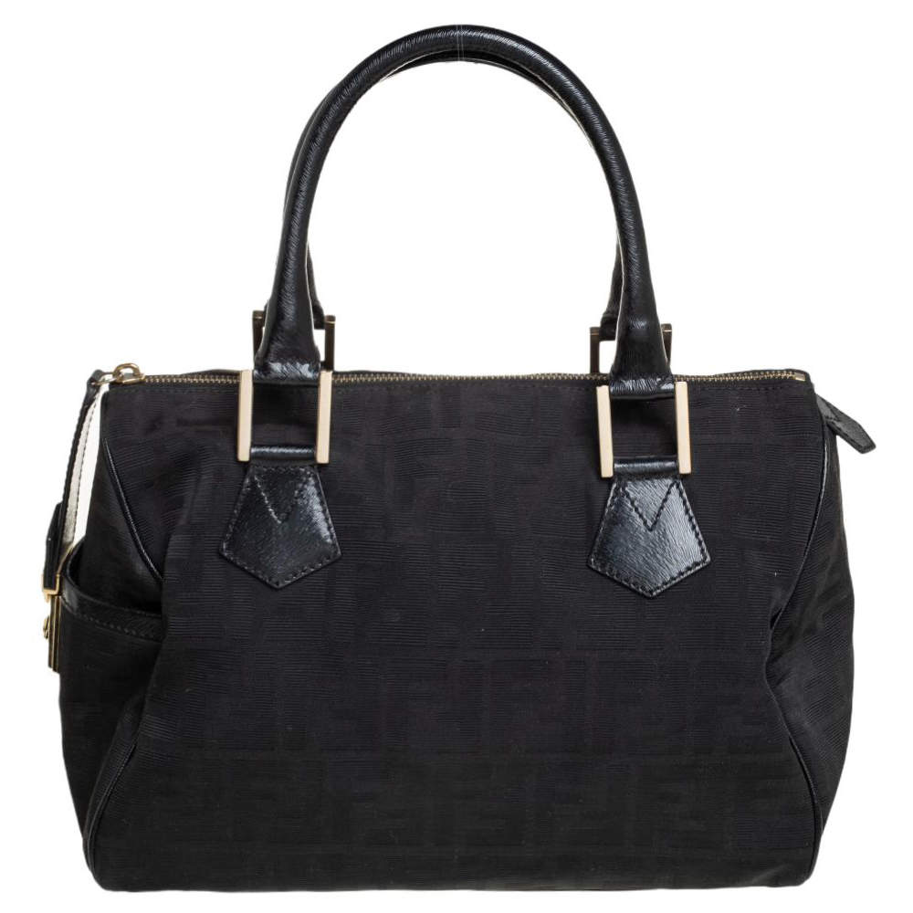 Pre Owned Fendi Black Zucca Canvas and Leather Medium Chef Boston Bag