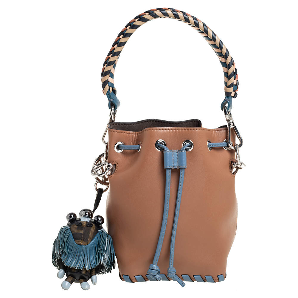 Pre Owned Fendi Tan/Blue Leather Mini Mon Tresor Drawstring Bucket Bag
