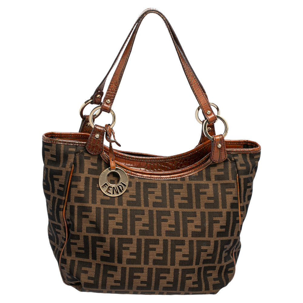 مملوكة مسبقًا حقيبة يد فندي شيف شوبر حافة جلد وكانفاس زوكا توباكو