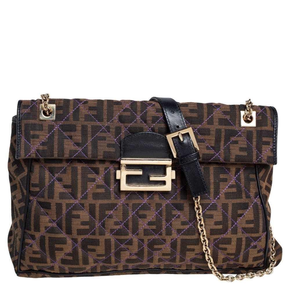 Fendi Tobacco Quilted Zucca Canvas and Leather Maxi Baguette Flap Shoulder Bag