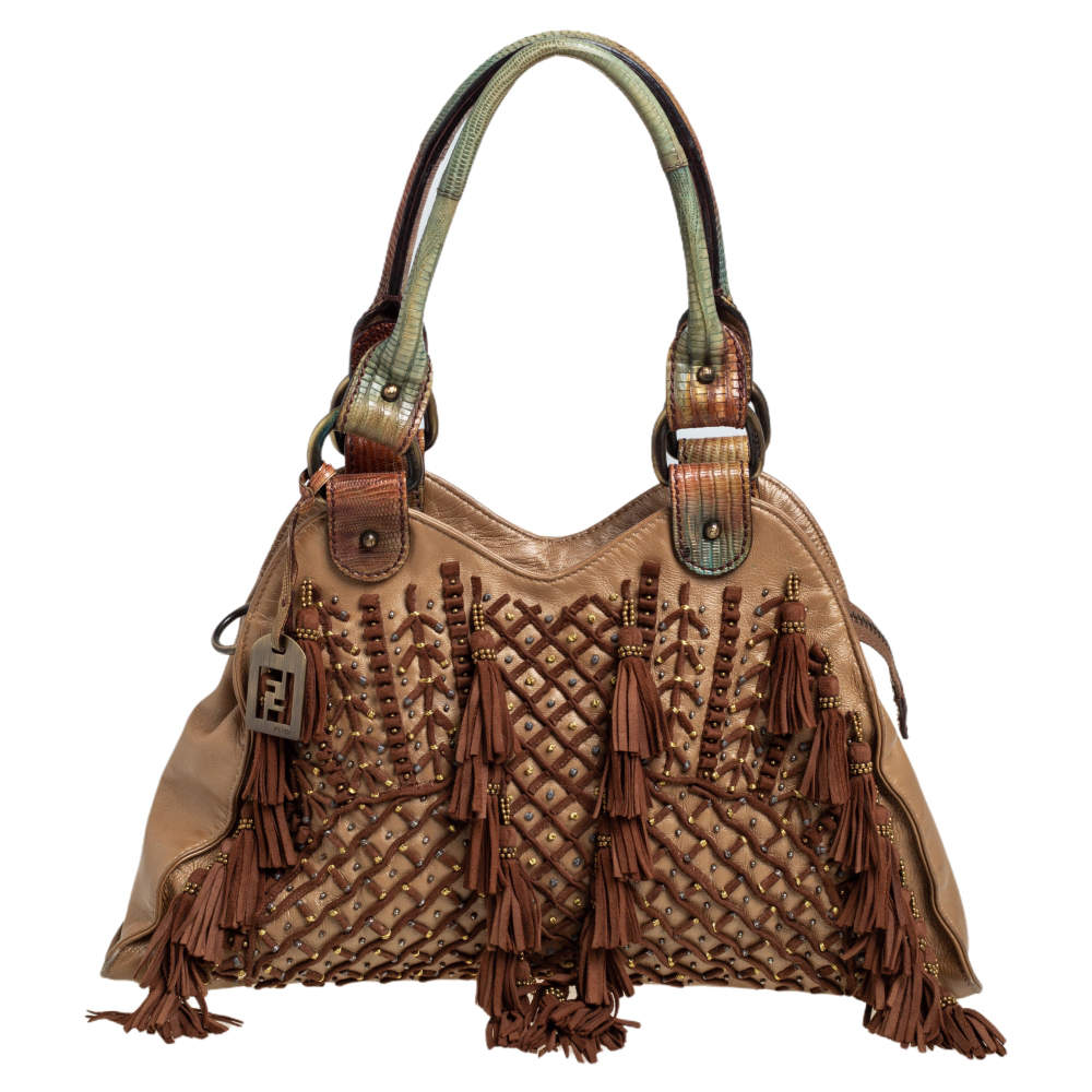 Fendi Brown Suede and Leather Tassel And Bead Embellished Shoulder Bag 