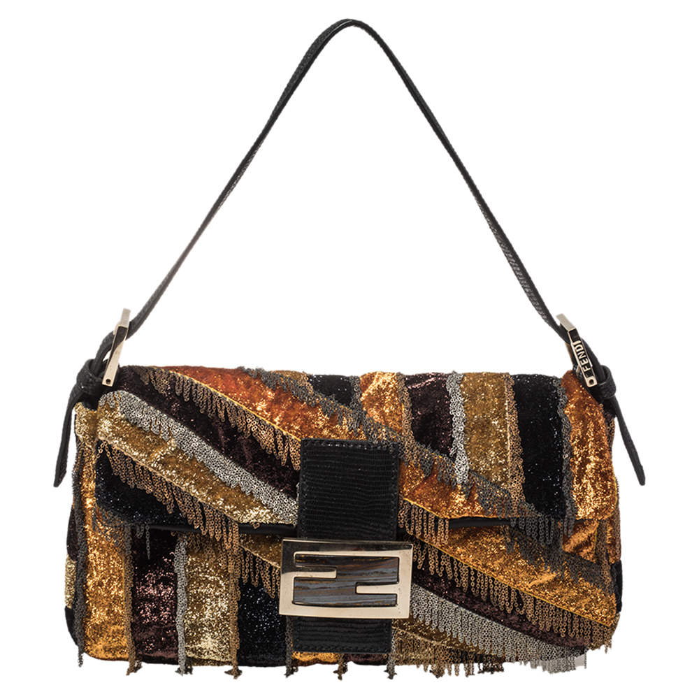 Pre Owned Fendi Multicolor Glitter Fabric Chain Embellished Ricami Baguette Flap Bag