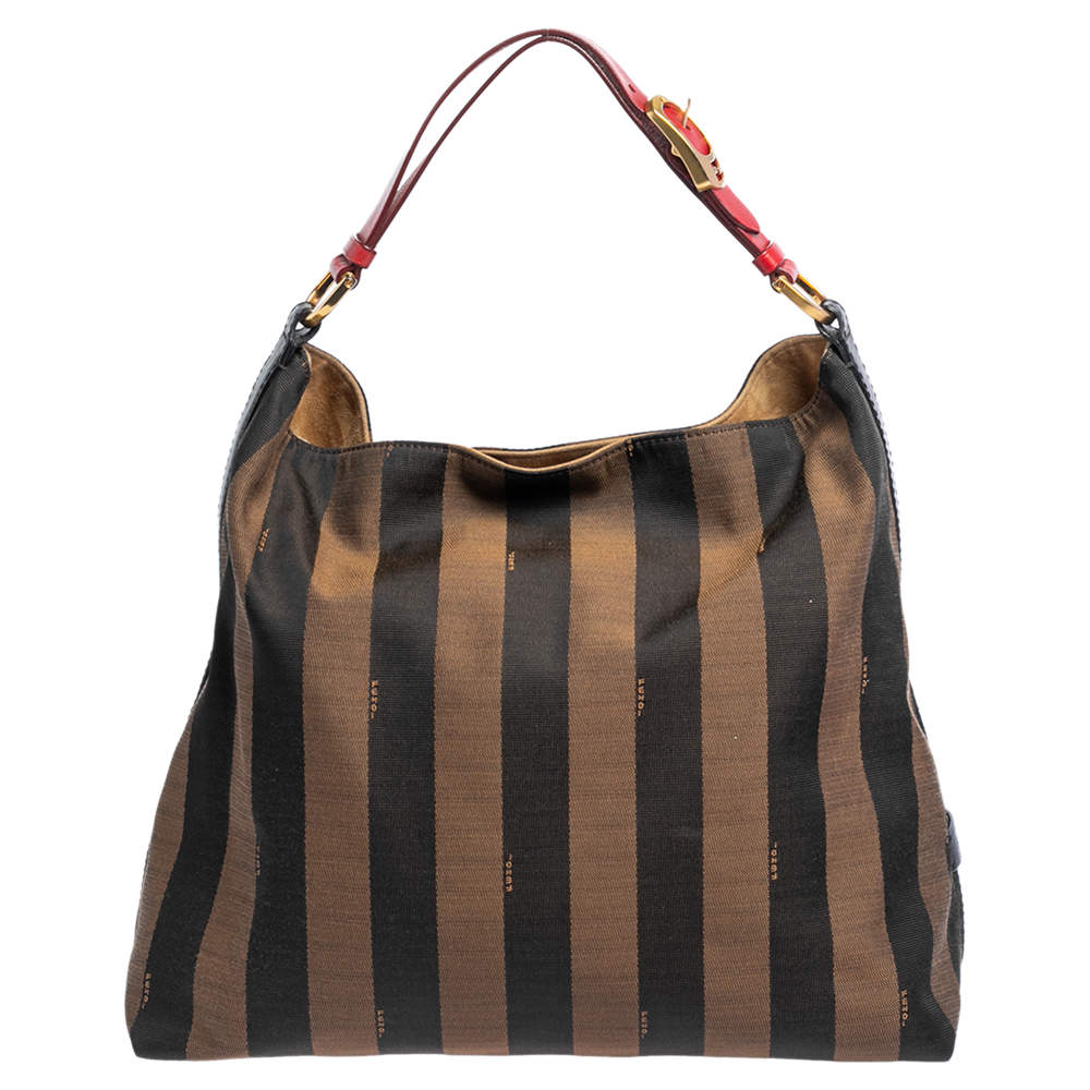 Pre Owned Fendi Tobacco/Red Canvas and Leather Large Pequin Striped Hobo