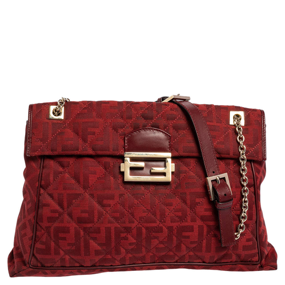 Fendi Red Quilted Zucca Canvas and Leather Maxi Baguette Flap Shoulder Bag