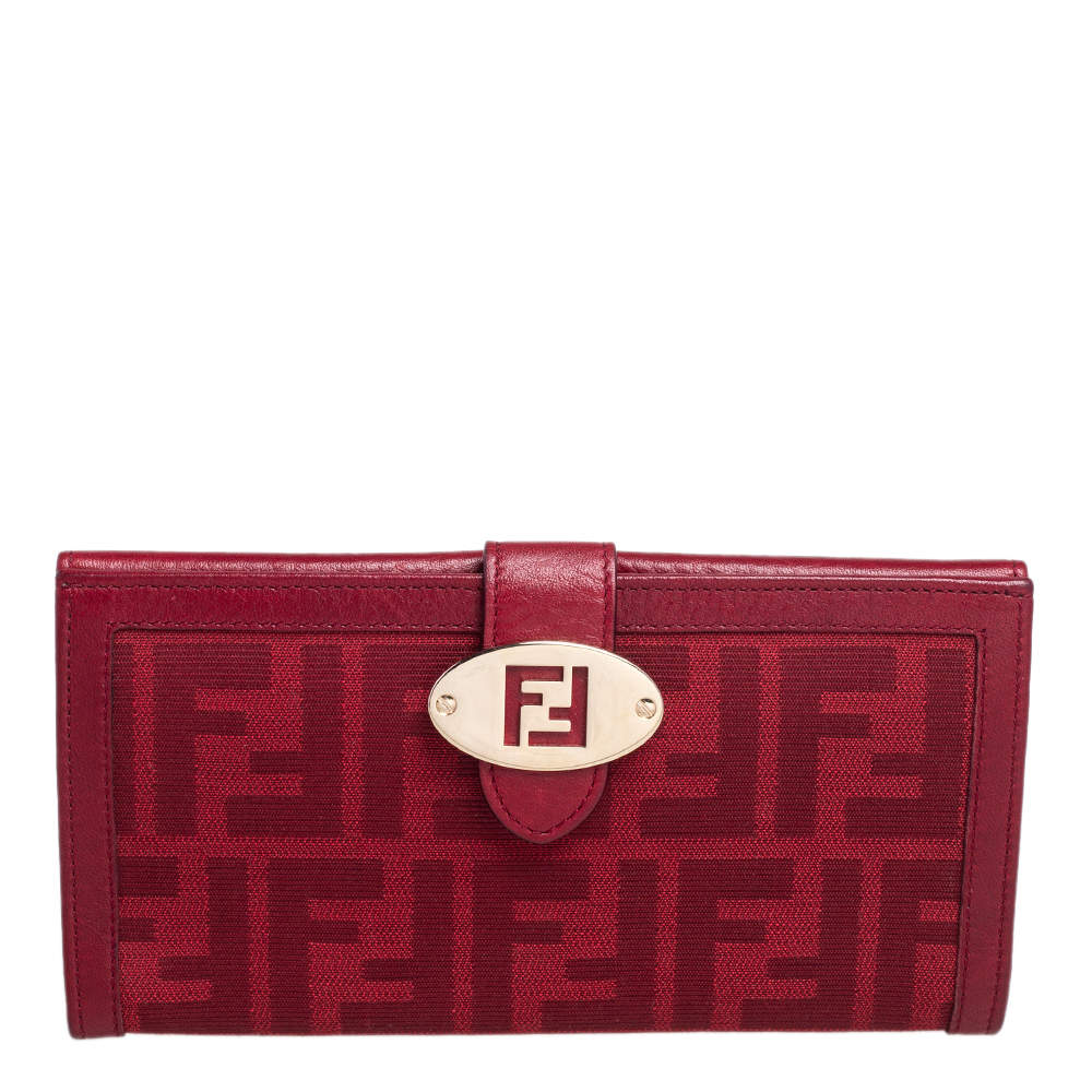 Pre Owned Fendi Red Zucca Canvas and Leather Flap Continental Wallet