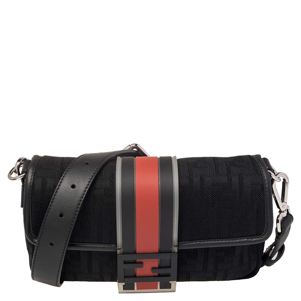 Fendi Black Perforated Neoprene Fabric Convertible Baguette Belt Bag