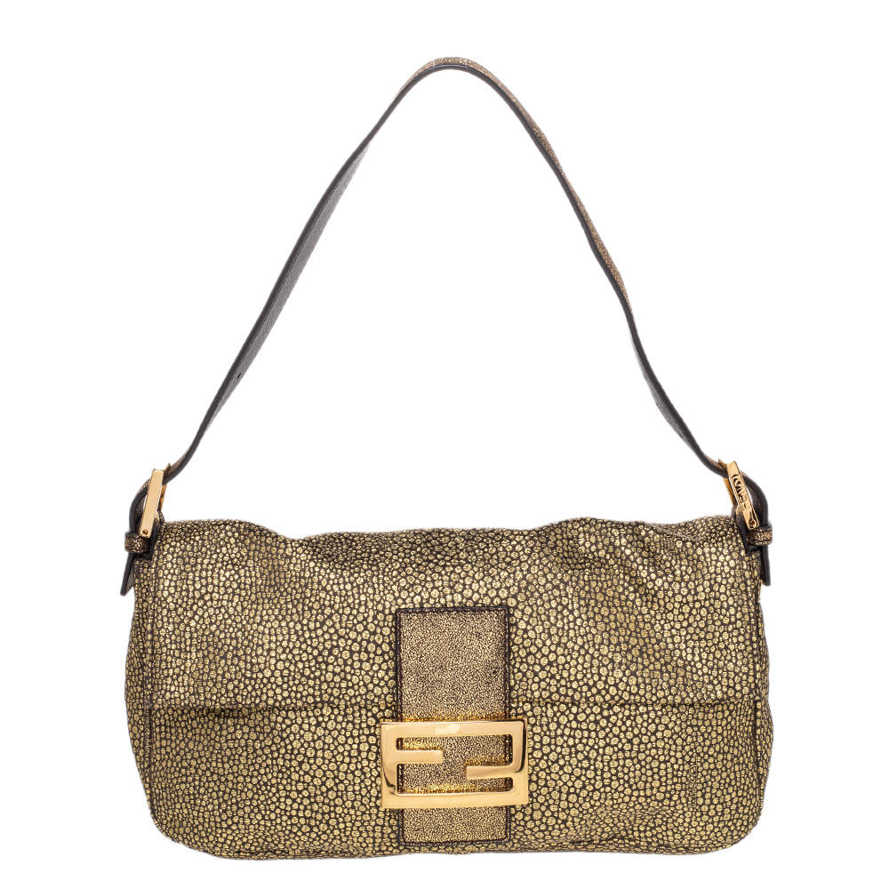 Fendi Metallic Gold Brocade Fabric Baguette Bag