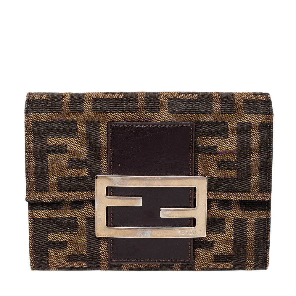 Pre Owned Fendi Tobacco Zucca Canvas FF Flap Compact Wallet