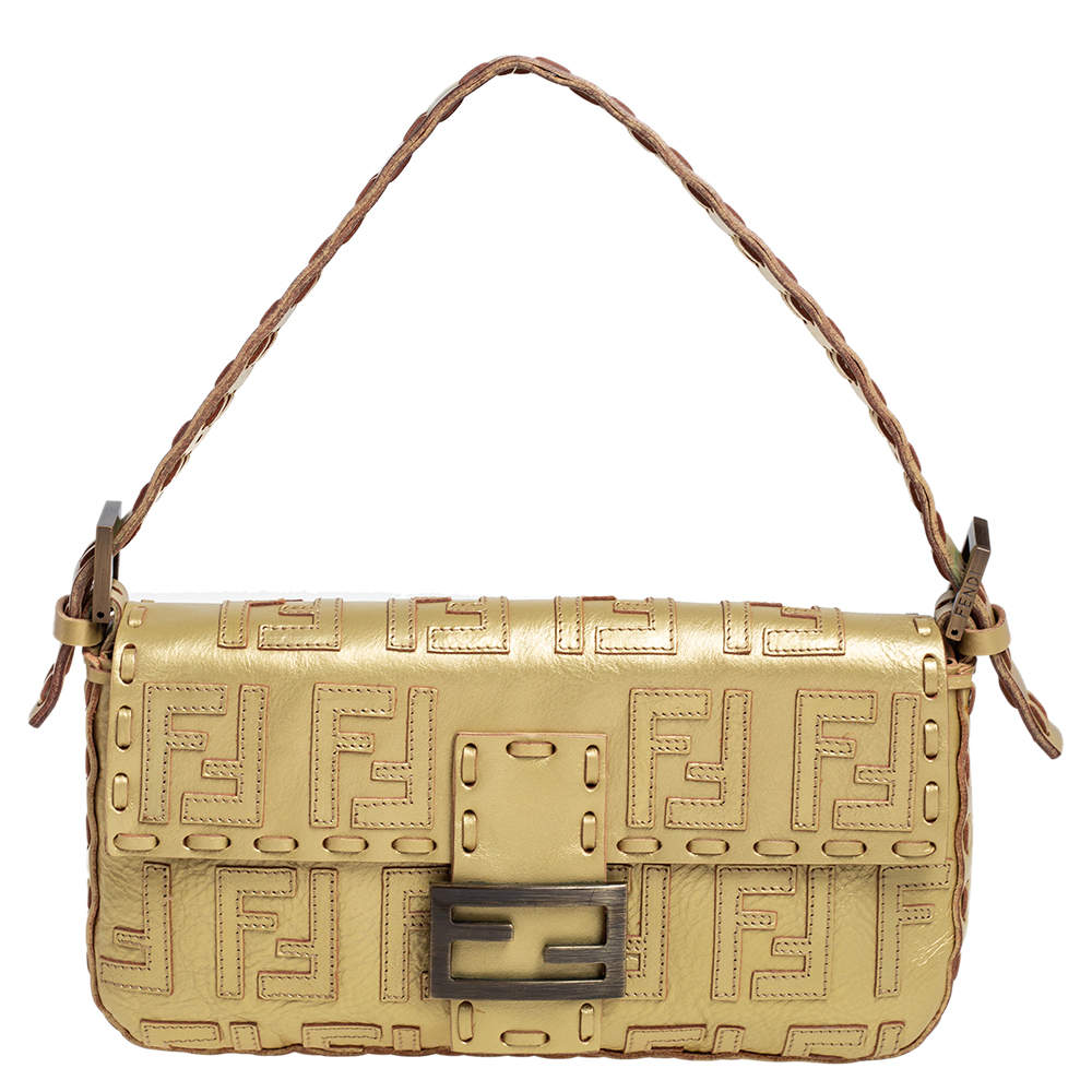 Pre Owned Fendi Gold Zucca Leather Whipstitched Baguette Flap Bag