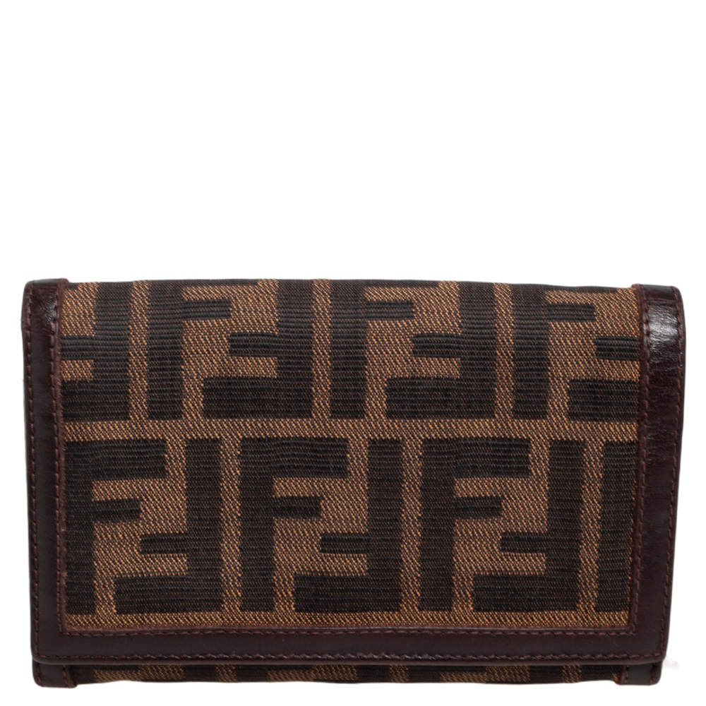 Pre Owned Fendi Tobacco Zucca Canvas and Leather Trim Flap Wallet