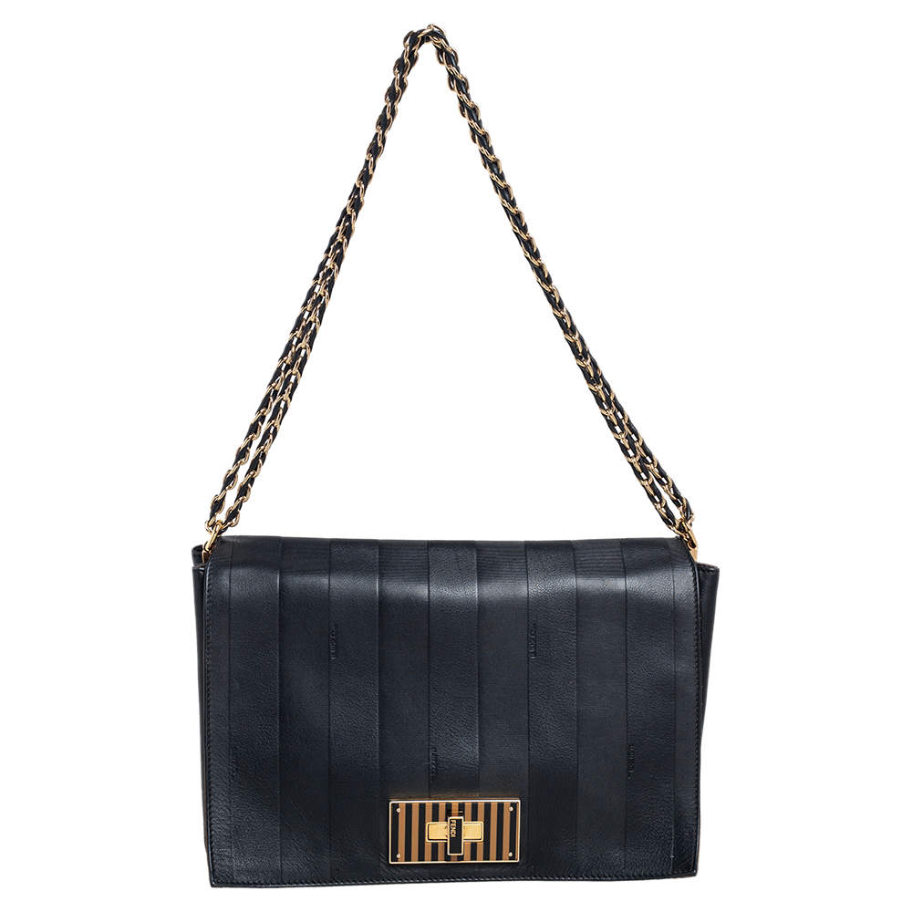 Pre Owned Fendi Black Pequin Embossed Leather Large Claudia Shoulder Bag
